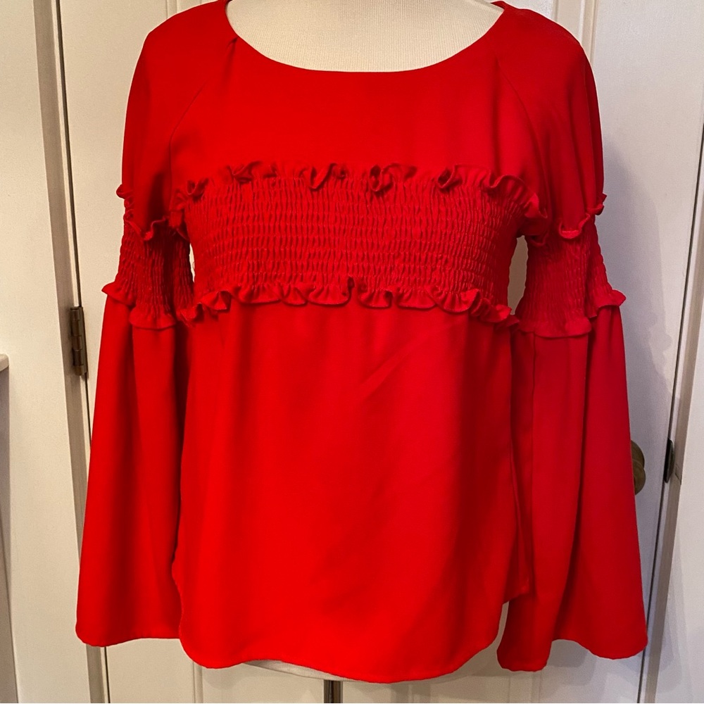 AMARYLLIS TOP BLOUSE RED RUCHED BUST SLEEVES WIDE BELL SIZE S